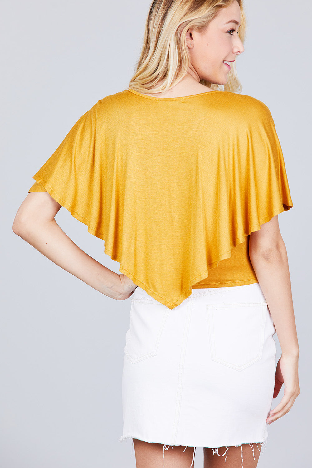 Juniors Dark Mustard V-Neck Flounce Cape Top