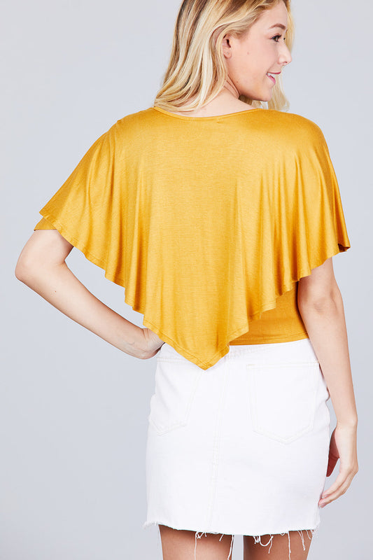 Juniors Dark Mustard V-Neck Flounce Cape Top