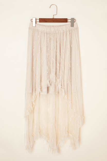 Apricot Lace Cascading Tiered High Waist Maxi Skirt