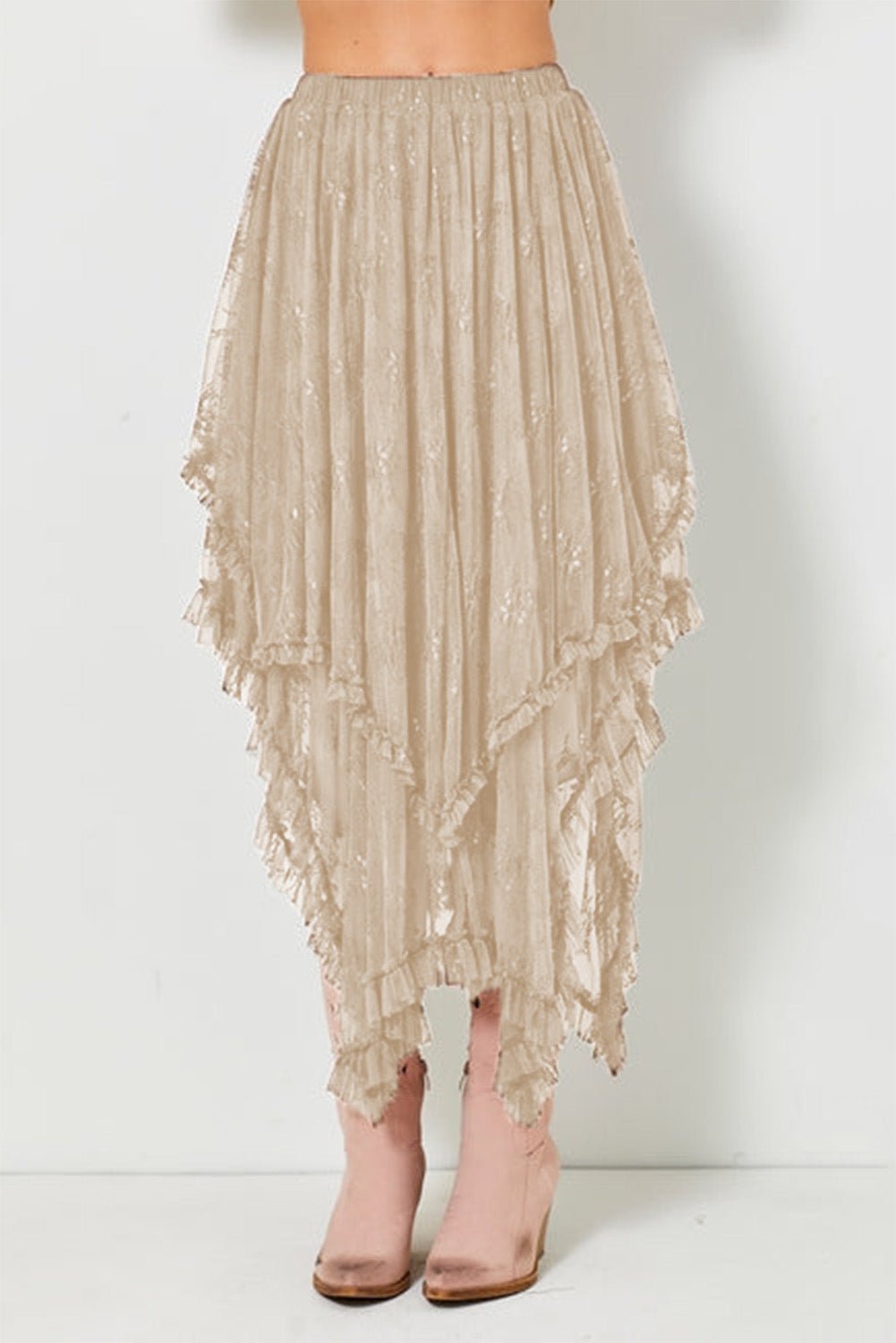 Apricot Lace Cascading Tiered High Waist Maxi Skirt