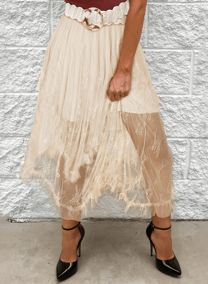 Apricot Lace Cascading Tiered High Waist Maxi Skirt
