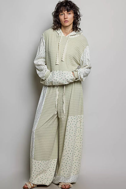 POL Mixed Knit Contrast Print Sleeve Hoodie with Kangaroo Pocket