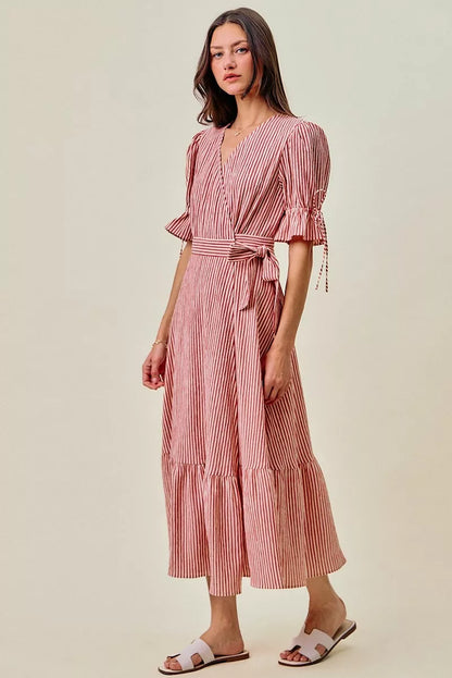 SO ME Stripe Textured Short Sleeves Lined Wrap Midi Dres