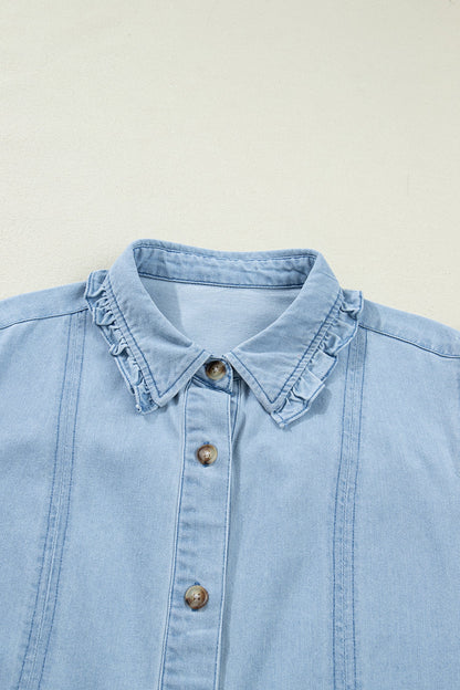 Denim Ruffle Edge Collared Dress w/ Pockets