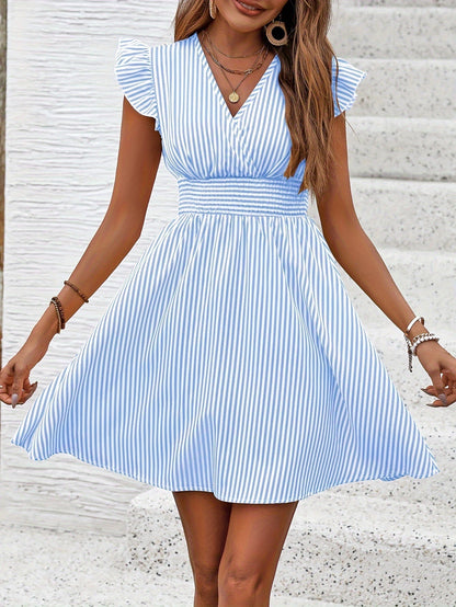 Women's Mini Dress V Neck Flutter Sleeve Striped Summer Dress
