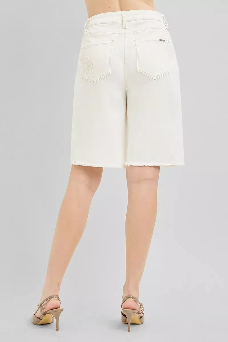 RISEN Slouchy Relaxed Floral Embroidered Bermuda Denim Shorts
