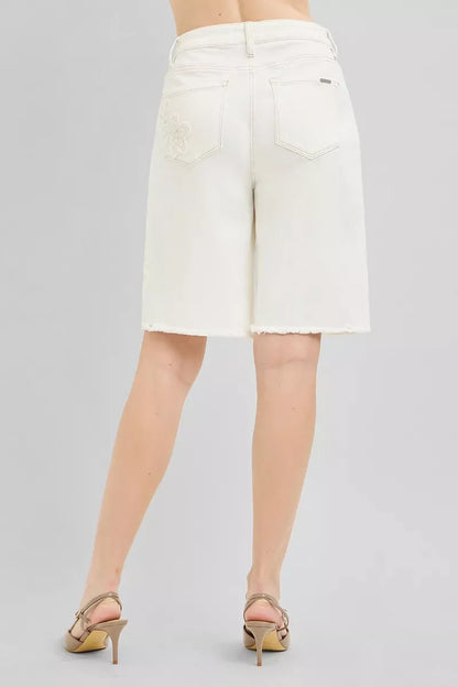 RISEN Slouchy Relaxed Floral Embroidered Bermuda Denim Shorts