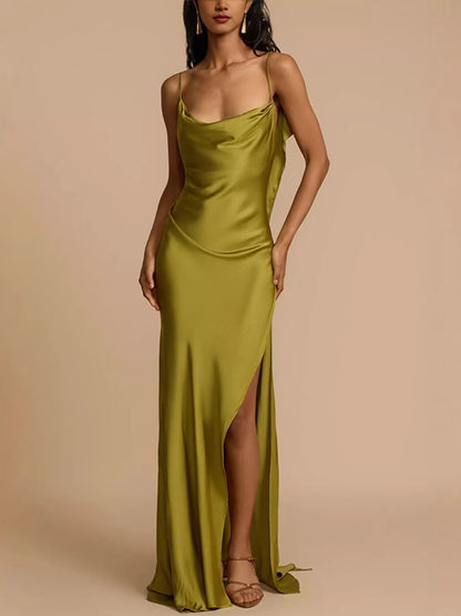 Satin Cowl Neck Slit Maxi Dress