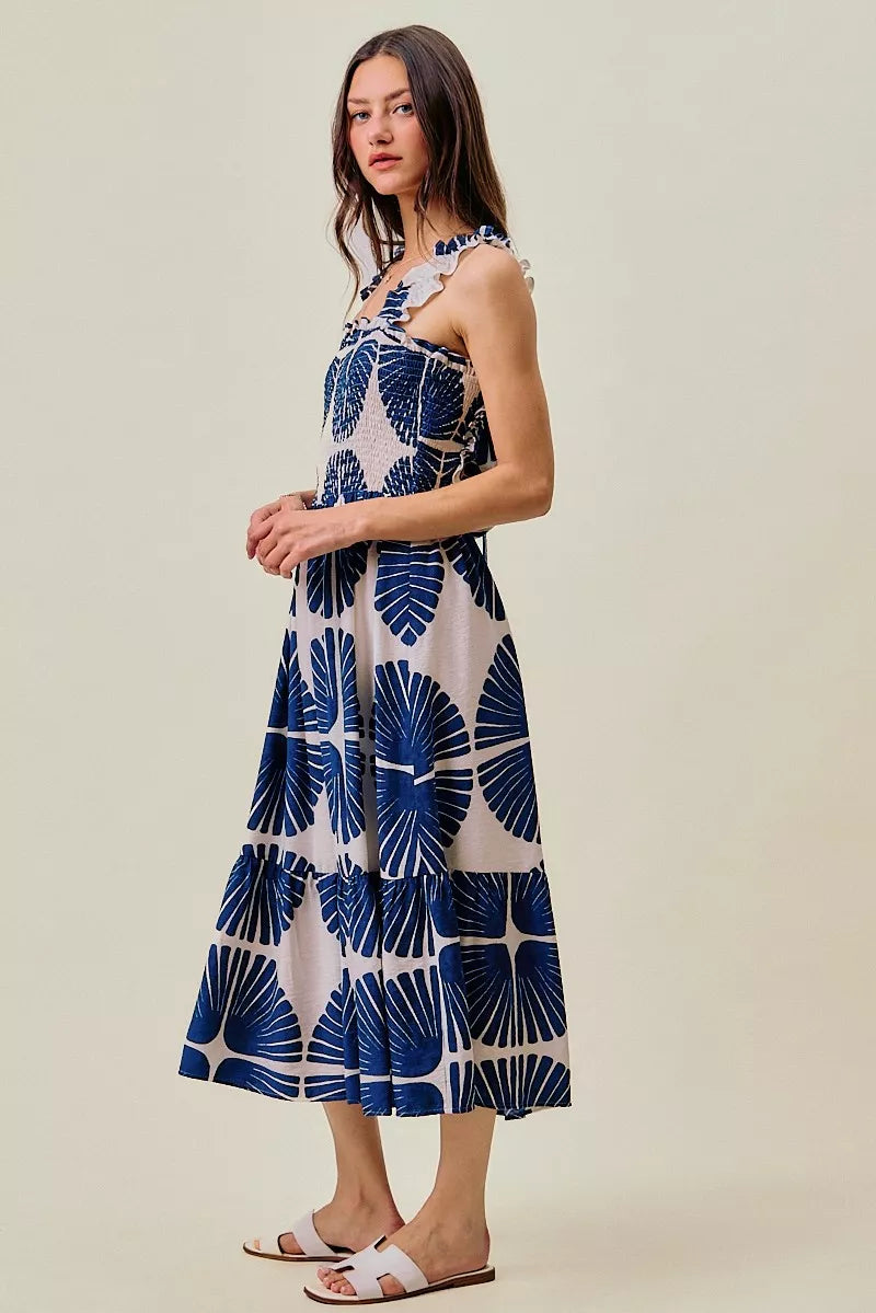 Abstract Print Smocked Bodice Tiered Lined Midi Dress