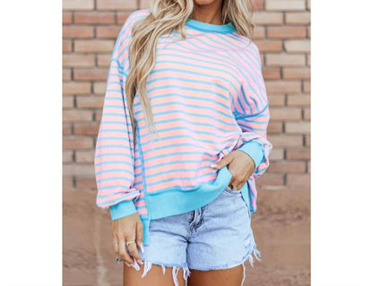 Stripe Contrast Trim High Low Pullover Tunic Sweatshirt