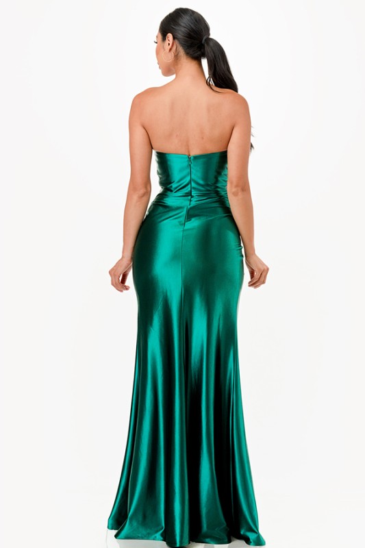 Tucked and ruched sweetheart satin dress with fitted slit skirt