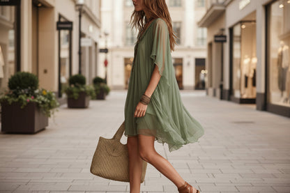 Women's V-Neck Chiffon Batwing Sleeve Boho Resort Dress