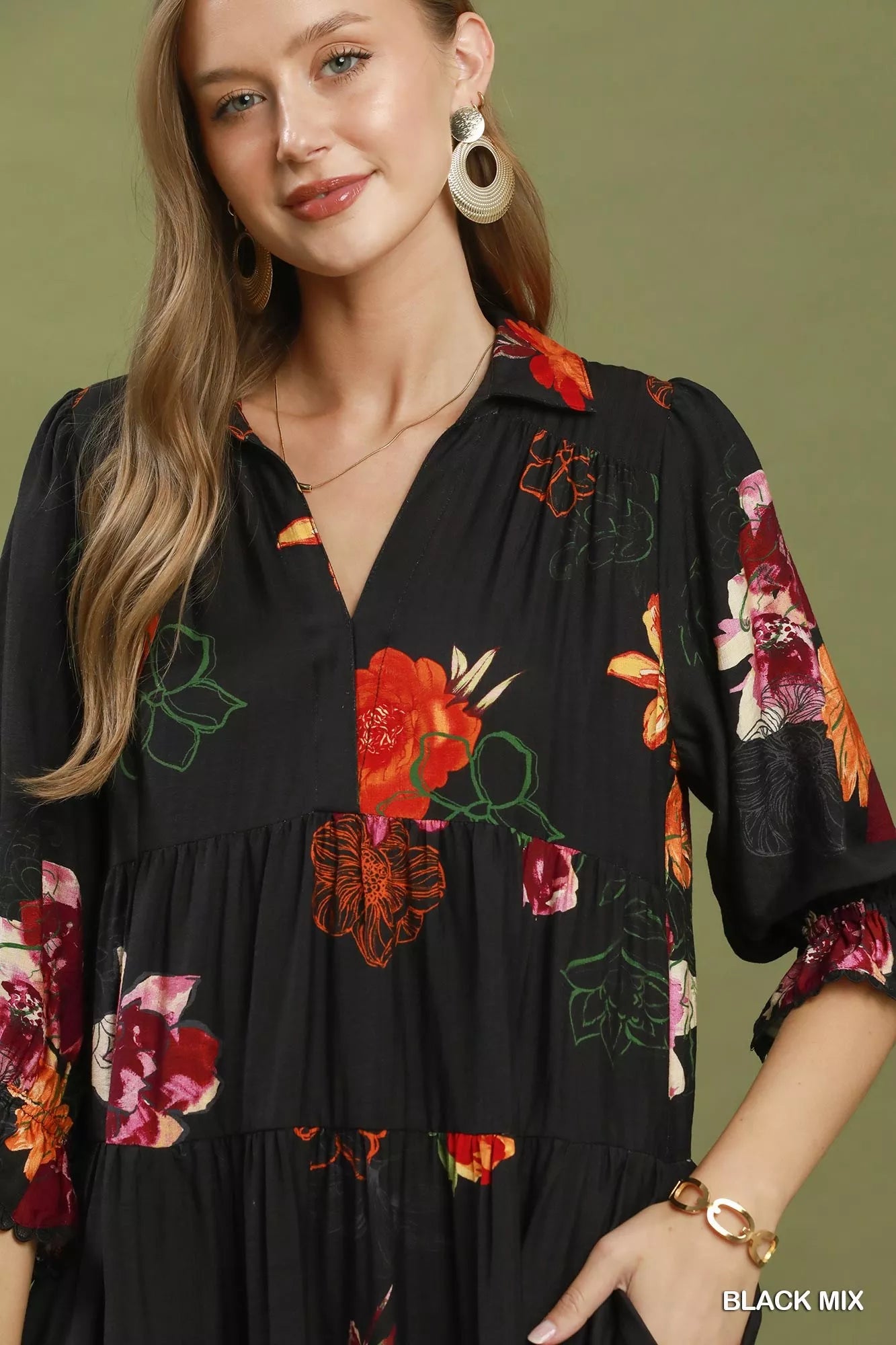 Umgee Floral Print Tiered Midi Dress with Puff Sleeves