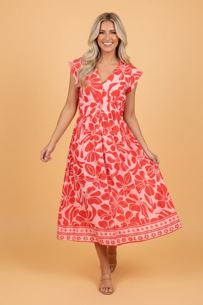 Floral Short Sleeve V-Neck Buttoned Maxi Dress