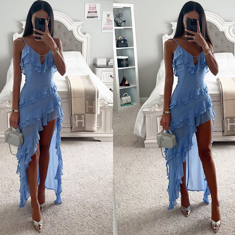 Light Sky Blue Maxi Slit Dress – V-Neck Layered Summer Dress