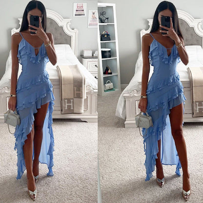 Light Sky Blue Maxi Slit Dress – V-Neck Layered Summer Dress