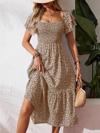 Floral Print Smocked Ruffle Sleeves Dress