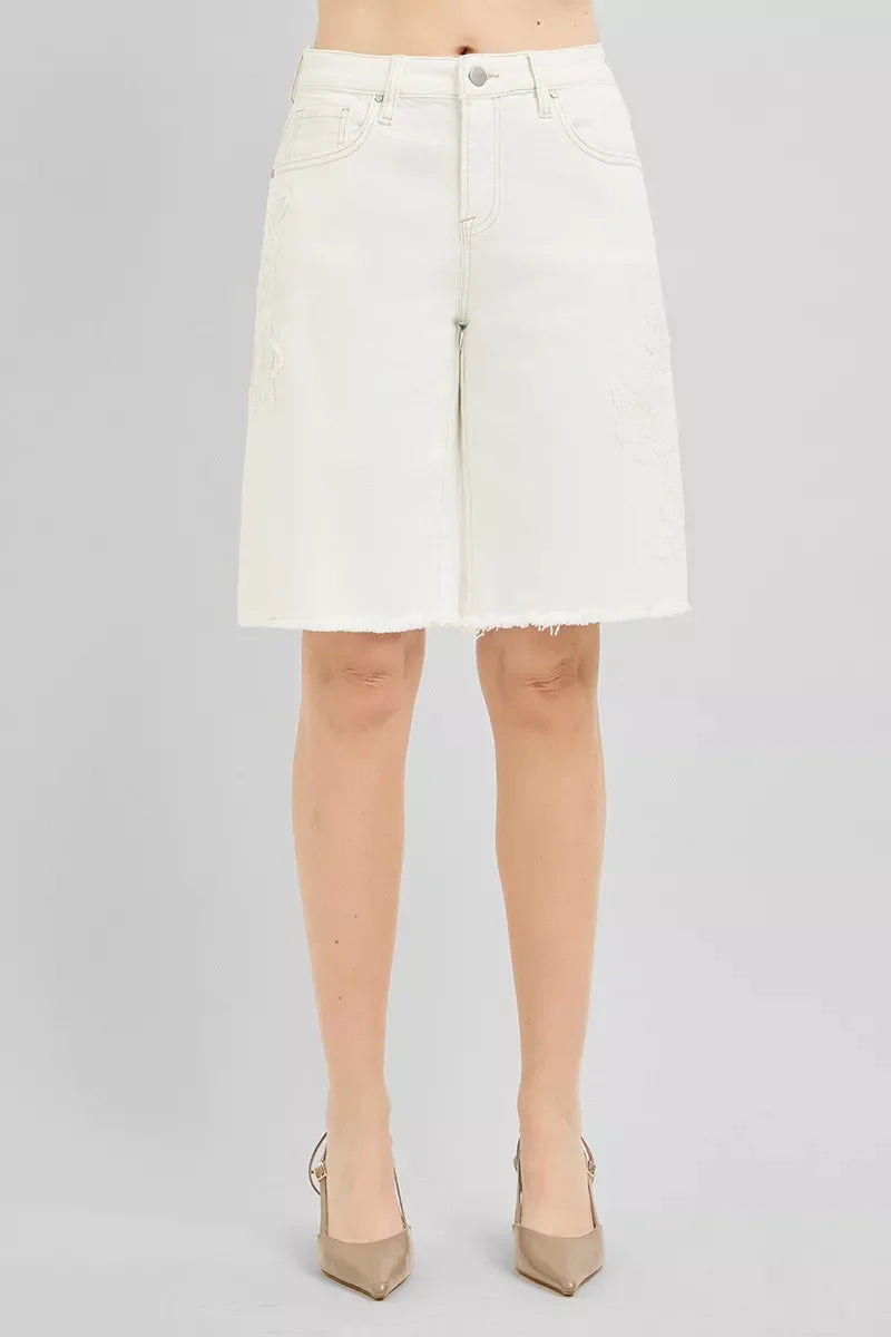 RISEN Slouchy Relaxed Floral Embroidered Bermuda Denim Shorts