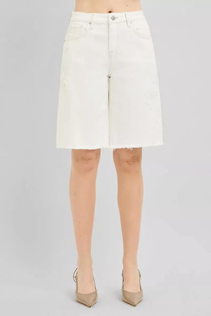 RISEN Slouchy Relaxed Floral Embroidered Bermuda Denim Shorts