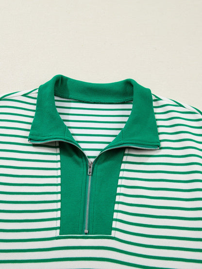Stripe Quarter Zip Polo Collar T Shirt Dress with Pockets