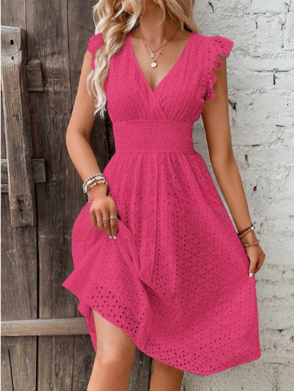 Waisted V-Neck Lace Midi Dress