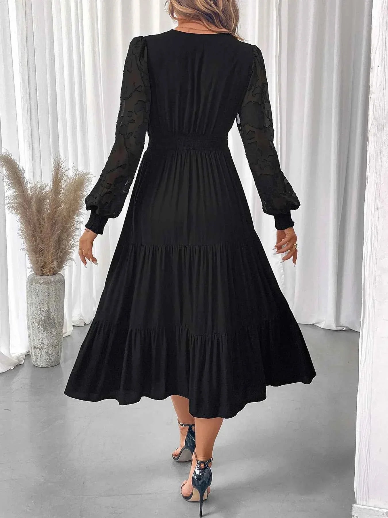 Lace Detail Lantern Sleeve Dress - Elegant Tiered Style for Any Occasion