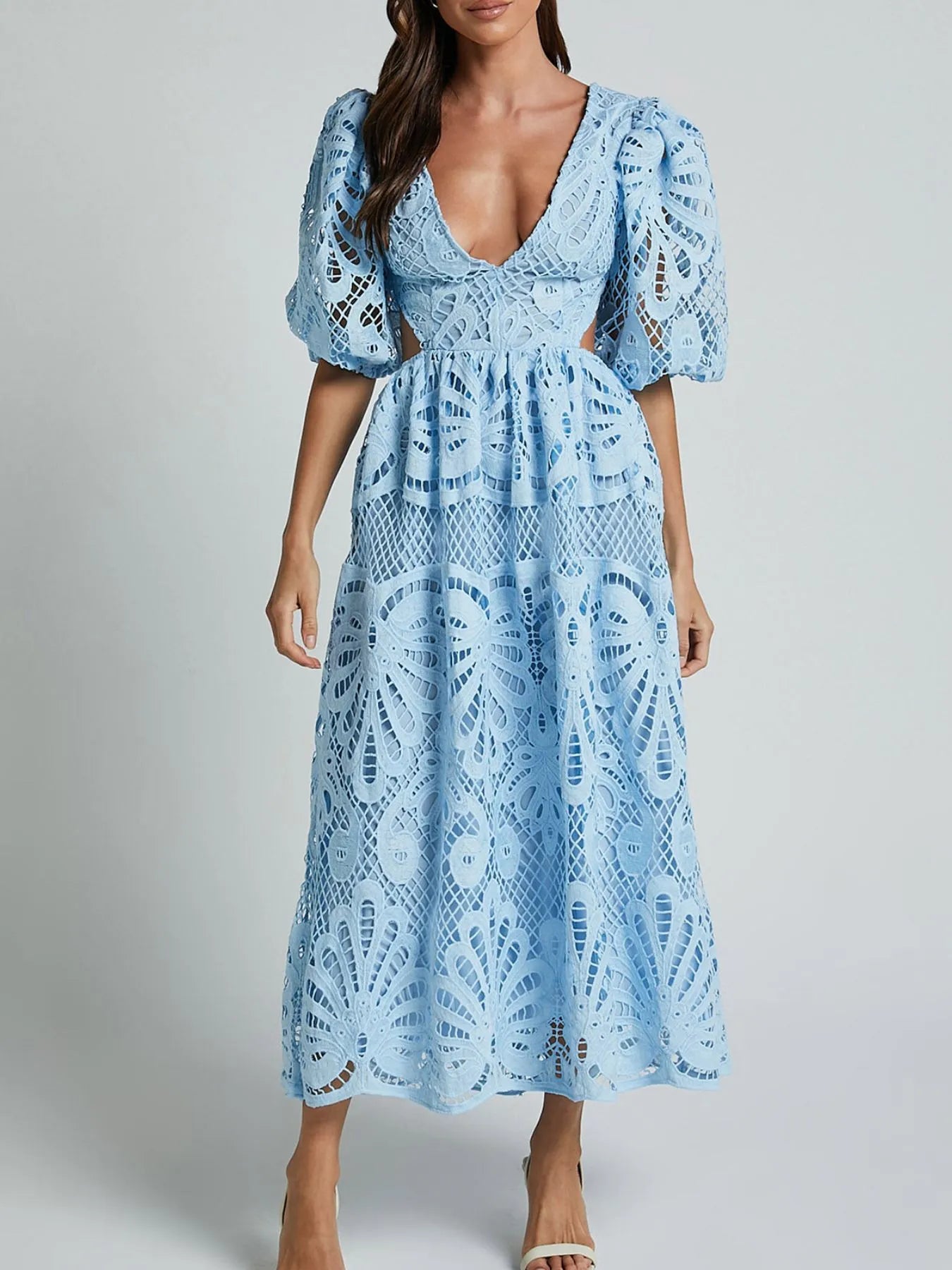 Cutout Back Lace Crochet V-Neck Dress
