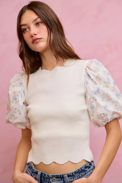 SO ME Floral Cotton Contrast Sleeves Scallop Sweater Top