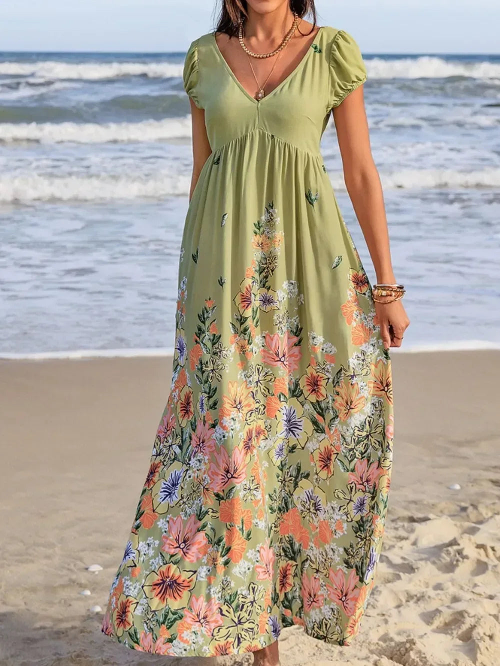 Backless Printed V-Neck Short Sleeve Maxi Dress