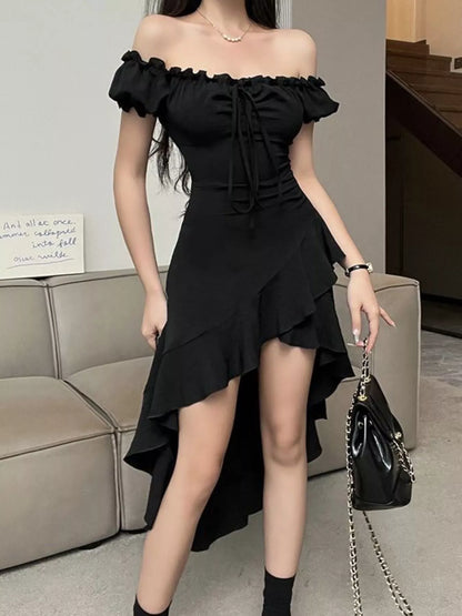 Off-Shoulder Ruffle Hem High Low Dress