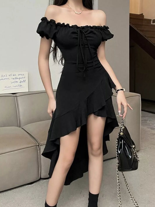 Off-Shoulder Ruffle Hem High Low Dress