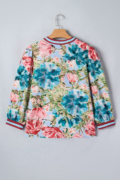 Floral Contrast Trim V-Neck Cuffed 3/4 Sleeve Blouse