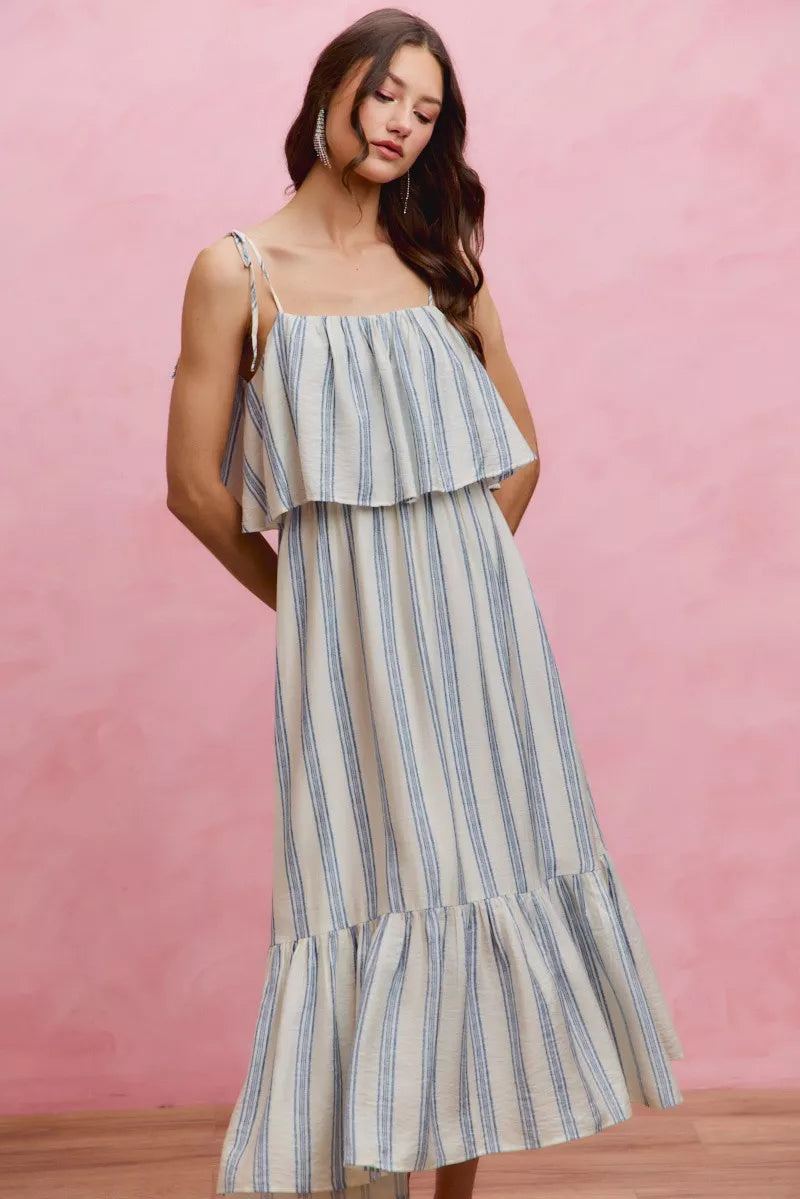 Stripe Tiered Shoulder Tie Midi Lined Dress