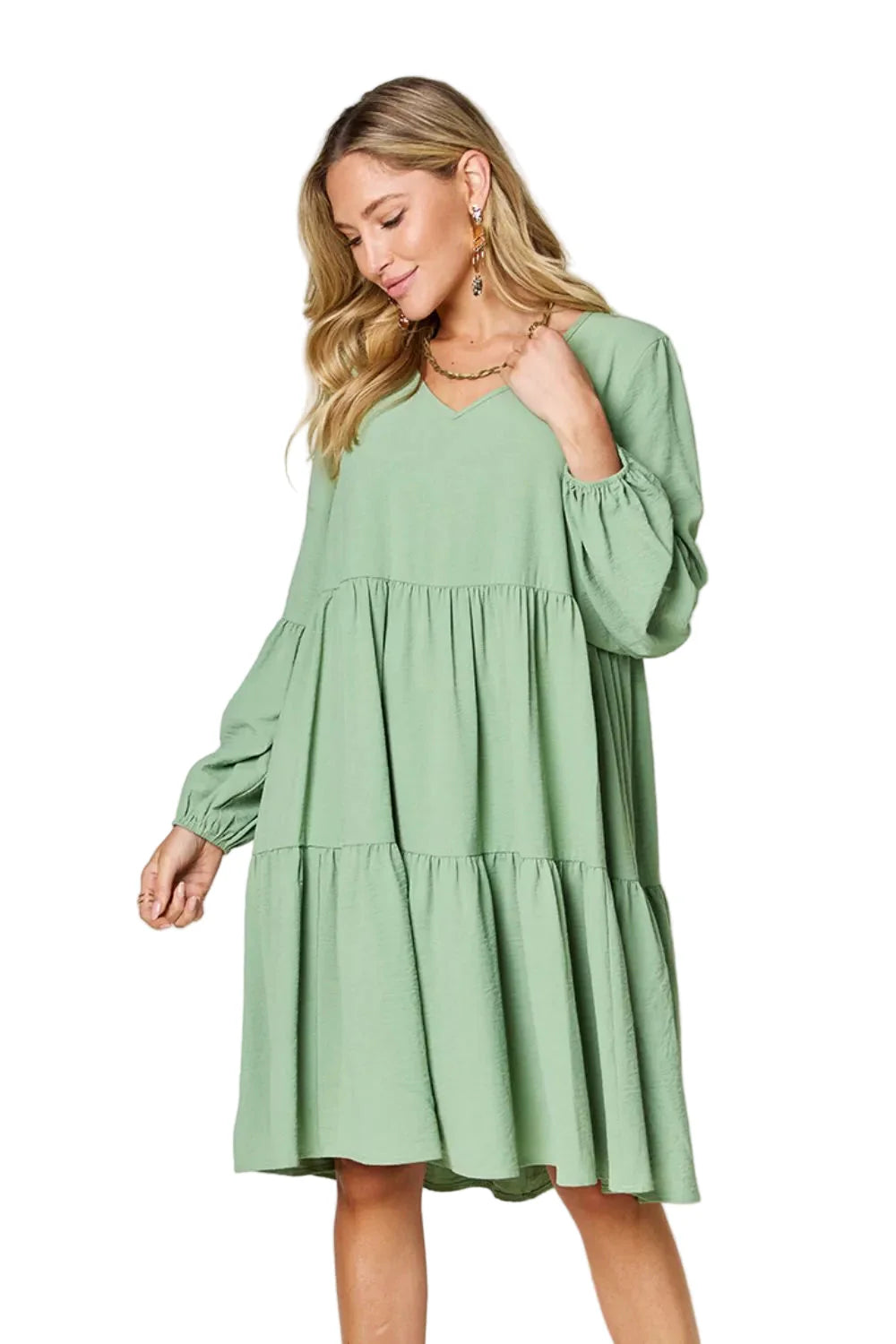 Garden Naked Women's Casual Dress Babydoll Tiered Dress with Pockets Long Sleeve Ruffle Hem Soft Cotton Blend Loose Fit