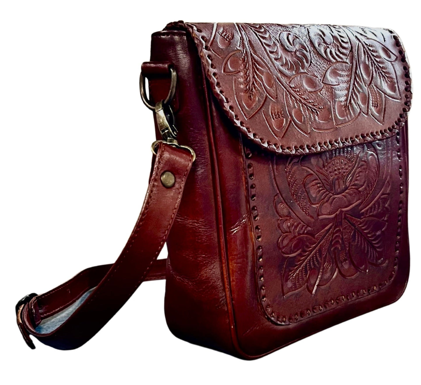 The Kimberly| Hand-Tooled Leather Messenger Bag
