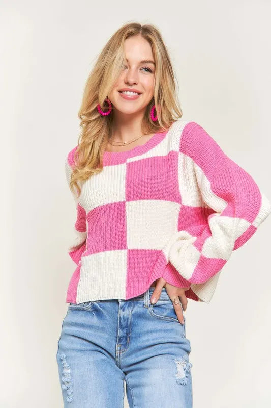 ADORA Plus Size Comfy Checkered Colorblock Sweater Top See size chart under “more details”