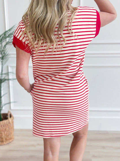 Stripe Quarter Zip Polo Collar T Shirt Dress with Pockets