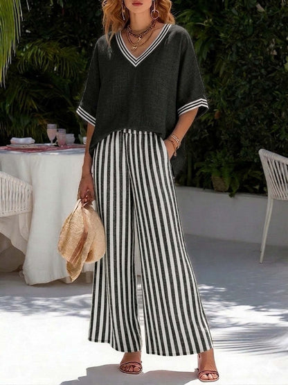 Women's Striped Tunic Top & Casual Trousers Two-Piece Set