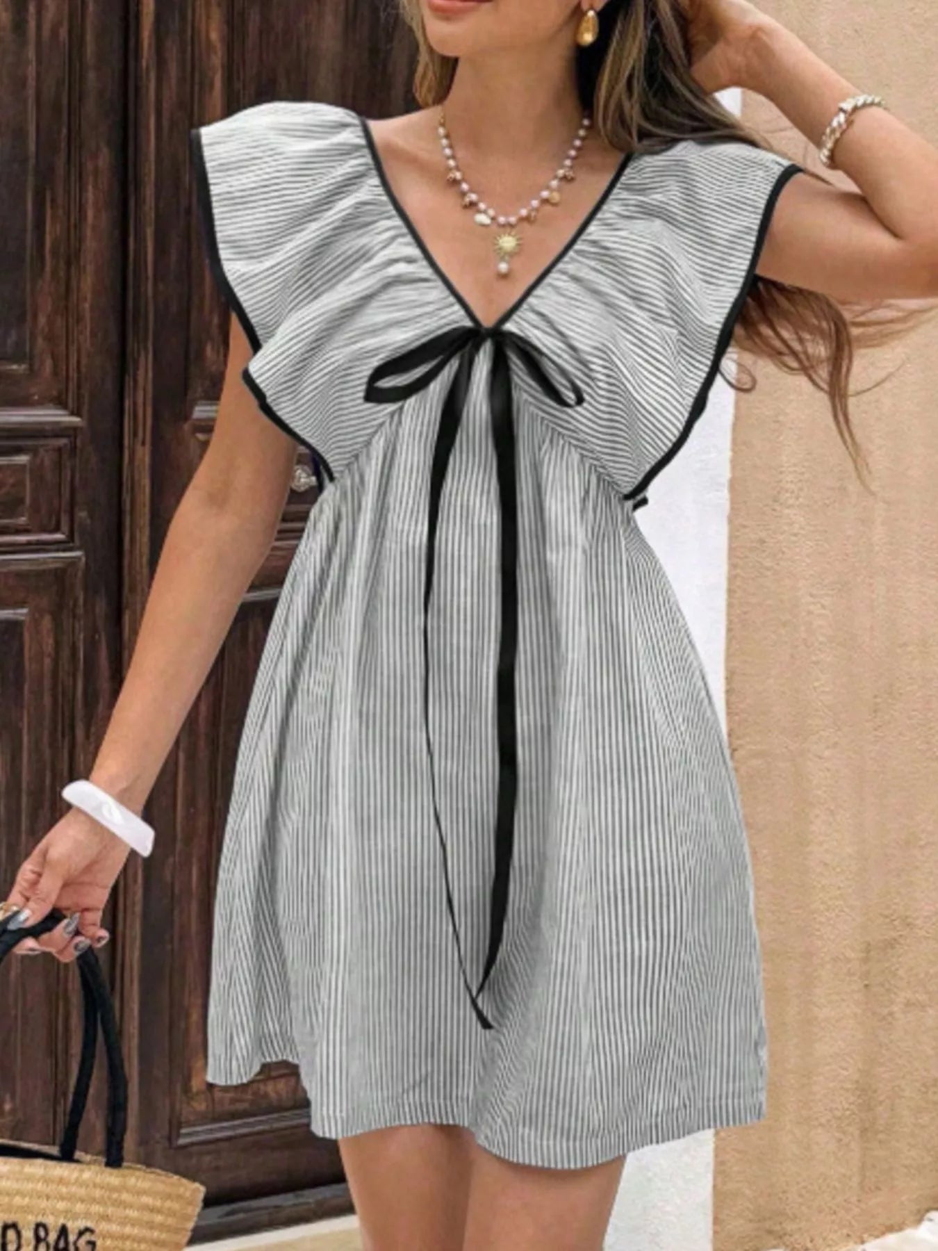 Striped Ruffle Sleeve Mini Dress