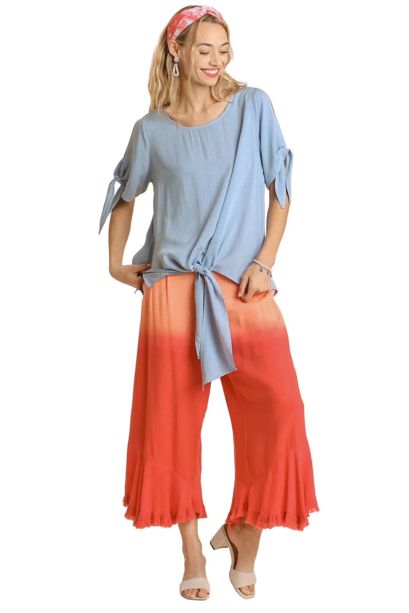Womens Casual Blouse Elegant Tie Sleeve Top Minimalist Chic Office Professional Dusty Blue Loose Fit