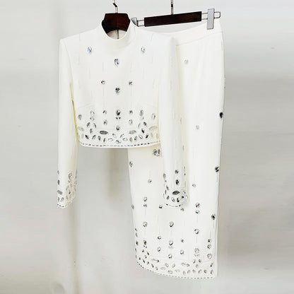 Fashion New Heavy Industry Beads Diamond Inlaid Short Top Long Skirt Suit See size chart under “more details”