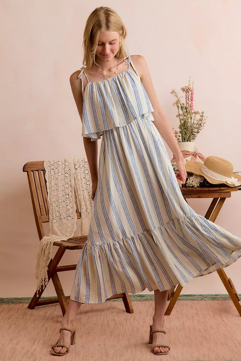 Stripe Tiered Shoulder Tie Midi Lined Dress