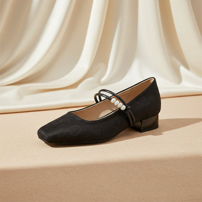 Women's Chinese-Style Satin Square-Toe Slip-On Flats – Beaded Buckle Low-Heel Shoes