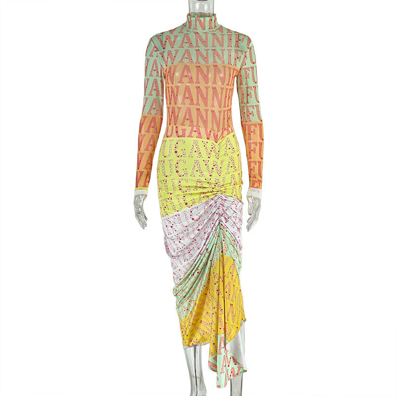 Waist-cinching High-neck Long-sleeve Spliced Slightly Sheer Dress