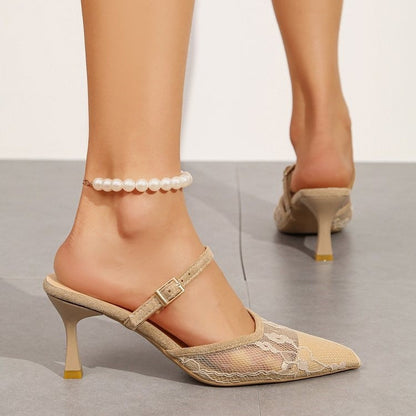 Women's French Retro Mesh Pointed-Toe Stiletto Mules – One-Strap Backless Heels