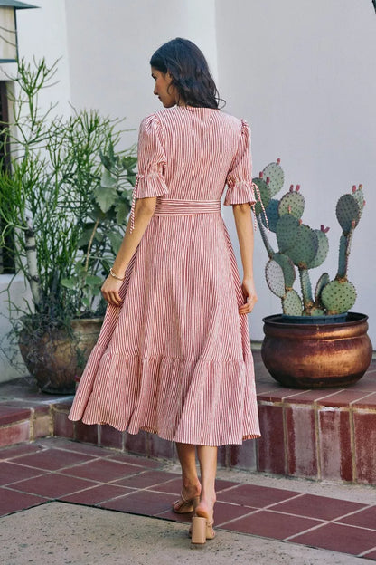 SO ME Stripe Textured Short Sleeves Lined Wrap Midi Dres