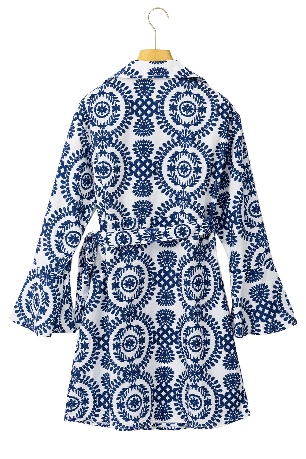 Blue Floral Print V-Neck Knot Long Sleeve Midi Dress