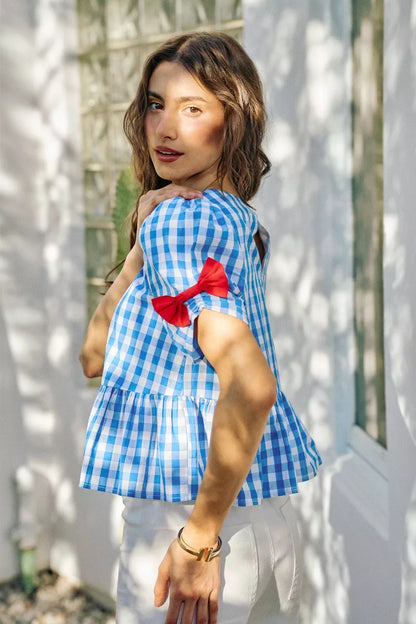 SO ME 4th Of July Gingham Ribbon Detail Short Sleeves Blouse