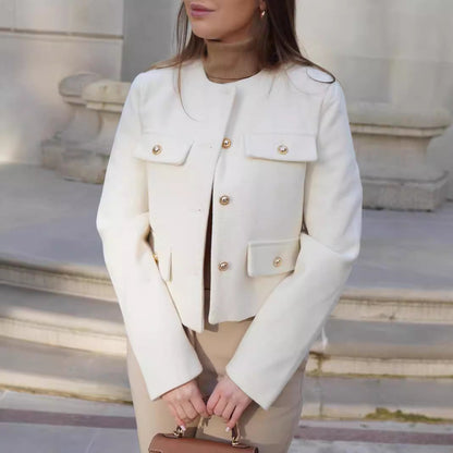 Pocket-decorated Crew-neck Cropped Chic Chanel-style Jacket Top