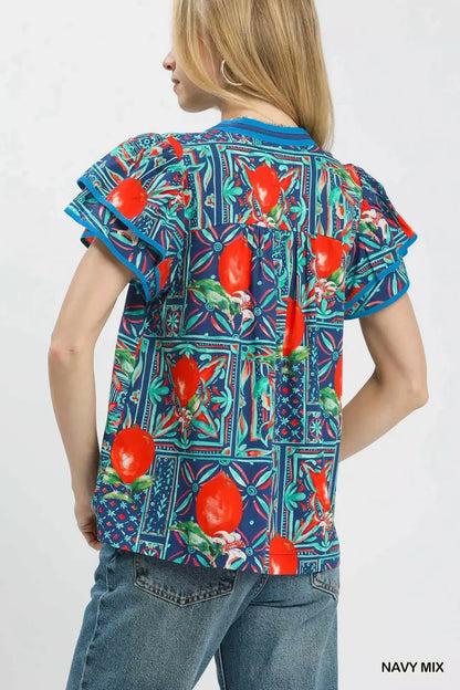Umgee Abstract Print Flutter Sleeve Blouse